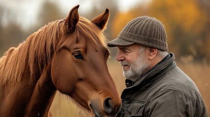 A touching scene of a horse nuzzling its owner, with the bond of trust and affection evident in their interaction against a rural backdrop.