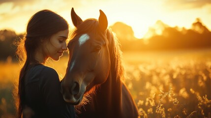 A touching scene of a horse nuzzling its owner, with the bond of trust and affection evident in their interaction against a rural backdrop.