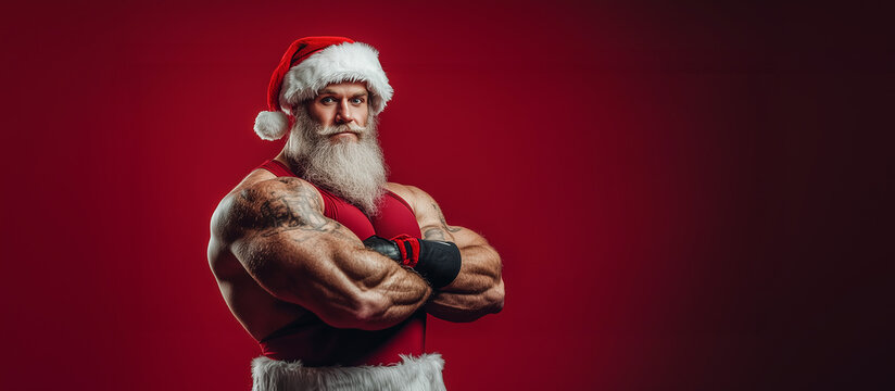 muscular santa claus posing , Santa Claus Bodybuilder training at the gym on Christmas Day.