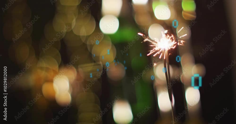 Poster sparklers with binary code animation over blurred festive lights background
