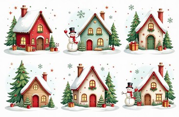 Fototapeta premium Large set of hand-drawn watercolor illustrations on the theme of Christmas. Cozy Christmas houses. Stars, snowflakes, spruce and branches, festive mood for stickers, decorations, design