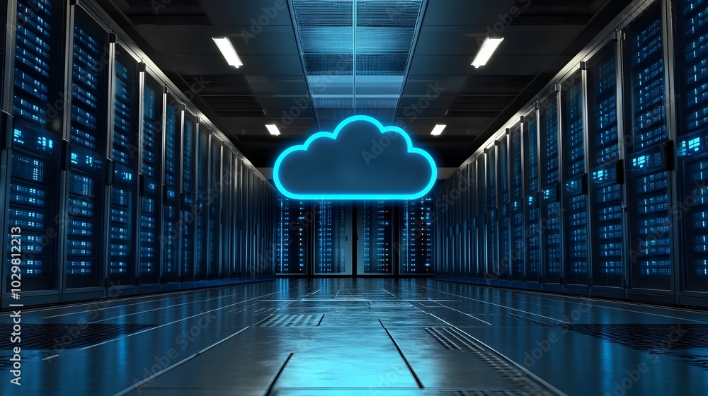 Poster blue cloud hovers amidst server room with computer racking and cables showcasing shift to cloud