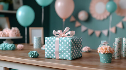 Teal and White Polka Dot Gift Box on Wooden Table - Illustration