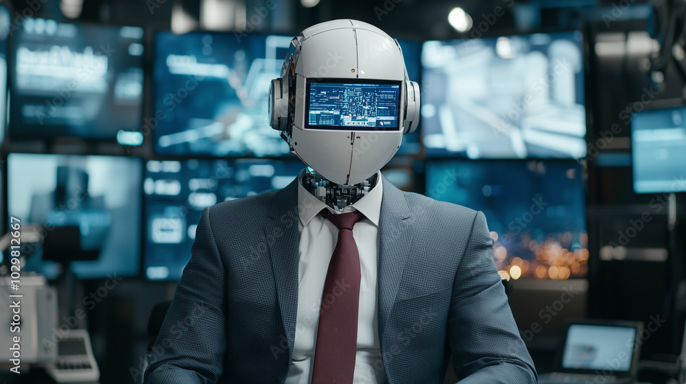 Poster the future of business: a humanoid robot in a sharp suit sits in a futuristic control room, surround