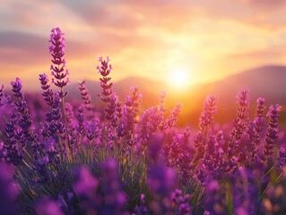 Fototapeta premium Blooming Violet Lavender Field at Sunset - ai