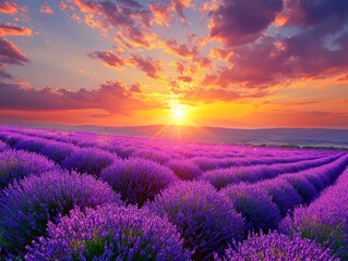 Obraz premium Blooming Violet Lavender Field at Sunset - ai