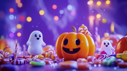 A cute cartoon pumpkin surrounded by candy and ghosts in the background, 3D render, Halloween theme, purple color background
