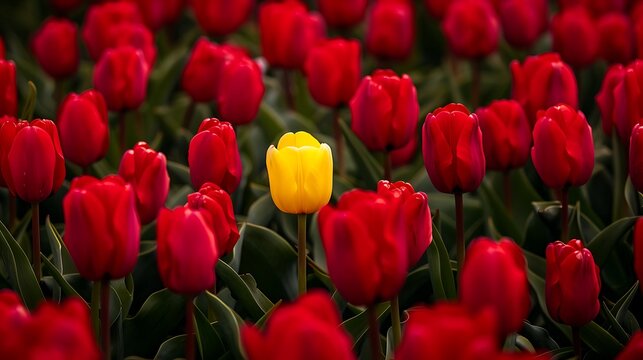 One yellow tulip between red tulips in the garden