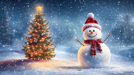Fototapeta premium A jolly snowman with a scarf and hat