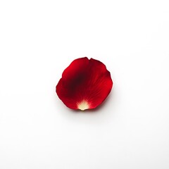 A single red rose petal rests on a blank white surface, showcasing its vibrant color and delicate texture.