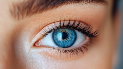 Obraz premium Captivating Close up of Stunning Blue Female Eye with Flawless Skin and Lush Eyelashes