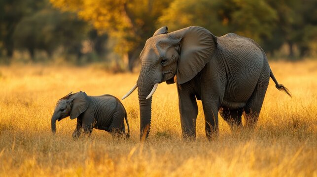 A wildlife photo of a mother elephant leading her calf through the savannah, showcasing the deep bond and guidance in the animal kingdom.