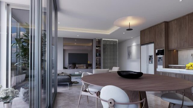 walkthrough animation of modern contemporary  living room with kitchen