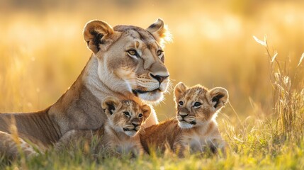 Obraz premium A wildlife shot of a lioness and her cubs playing in the grasslands, capturing the protective and nurturing bond of wildlife.
