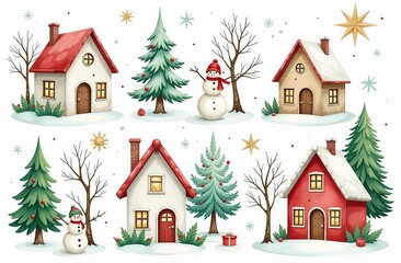 Fototapeta premium Large set of hand-drawn watercolor illustrations on the theme of Christmas. Cozy Christmas houses. Stars, snowflakes, spruce and branches, festive mood for stickers, decorations, design