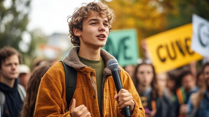 A young activist speaking passionately at a climate rally, surrounded by a crowd of supporters holding eco-friendly banners.