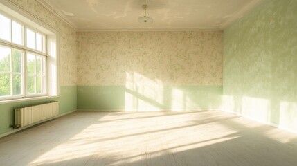 A large empty room with a green wall and white trim. The room is very clean and empty