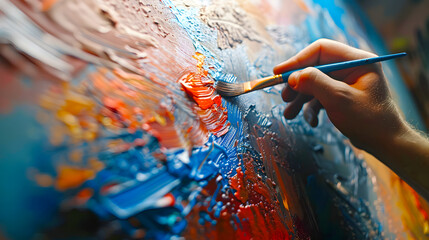 Close up of a creative artist's hands painting vibrant strokes on a canvas in artistic process in workshop