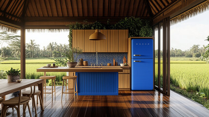 Rice paddy outdoor kitchen with wood and blue refrigerator wooden countertop for cooking