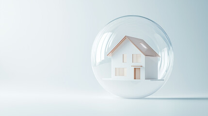 Home Protection: A miniature house nestled inside a transparent sphere symbolizes safety, security, and the safeguarding of one's home.  A minimalist, conceptual image representing insurance.
