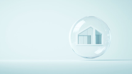 Home in a Bubble:  A minimalist and abstract illustration of a house within a transparent bubble, symbolizing a sense of safety, protection, and isolation.
