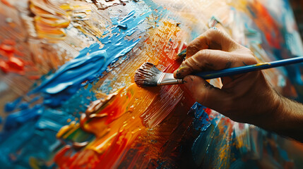 Obraz premium Close up of a creative artist's hands painting vibrant strokes on a canvas in artistic process in workshop