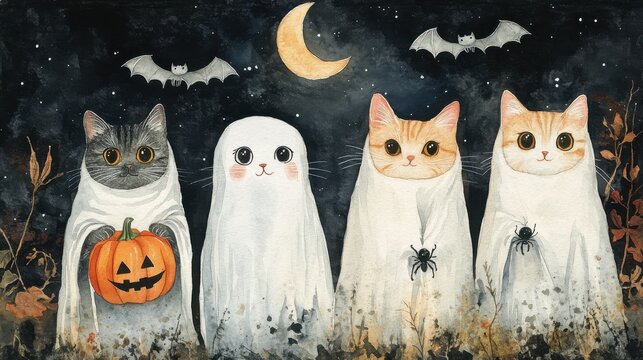 Four cats in ghost sheets, one holding a pumpkin, set against a dark Halloween night with a crescent moon, bats, and spiders, in a cute yet scary watercolor illustration.