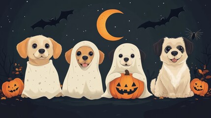 Four dogs dressed as ghosts, sitting side by side with one holding a pumpkin, against a dark background with a crescent moon, bats, and spiders in the corners. Scary yet cute.