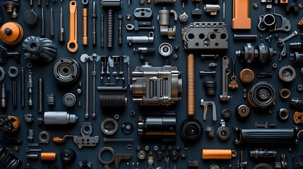 Fototapeta premium Assorted Automotive Parts and Tools on Dark Industrial Background