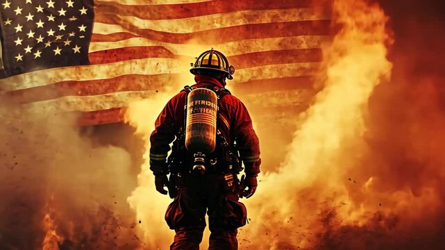 A firefighter stands in front of an American flag waving in the wind, with smoke and flames in the background
