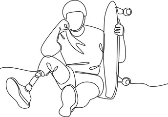 Disabled skateboarder with prosthetic leg one line art vector