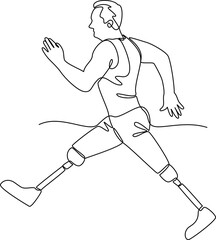 Disabled man with prosthetic leg one line art vector