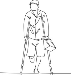Disabled man with crutches one line art vector