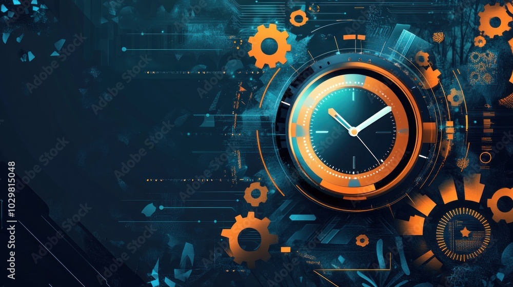 Aufkleber abstract clock with gears and lines on a blue background, representing the concept of time managemen