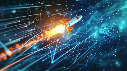 Dynamic Rocket Launch: Digital Illustration with Glowing Blue Lines and Abstract Connections