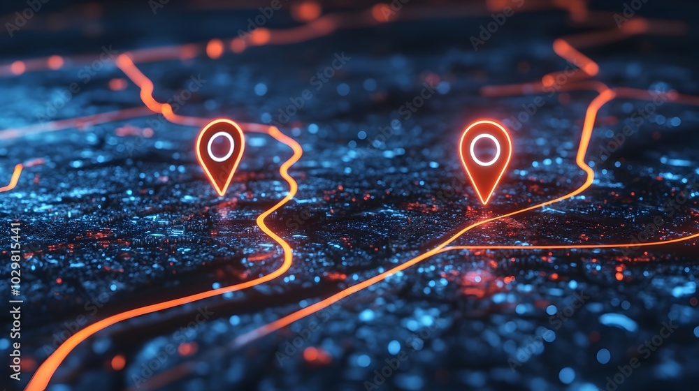 Poster digital of hand set location on map with two gps navigation pins