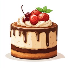 Delicious Chocolate Cake with Whipped Cream and Berries Illustration