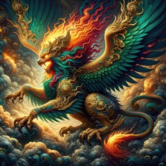 Fototapeta premium Mythical Garuda-Lion Guardian: A Hyper-Realistic Depiction of a Majestic, Fiery Winged Beast with Intricate Gold Armor, Vibrant Feathers, and Dynamic Energy, Exuding Divine Power and Celestial