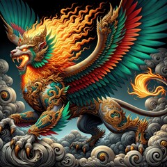 Fototapeta premium Mythical Garuda-Lion Guardian: A Hyper-Realistic Depiction of a Majestic, Fiery Winged Beast with Intricate Gold Armor, Vibrant Feathers, and Dynamic Energy, Exuding Divine Power and Celestial