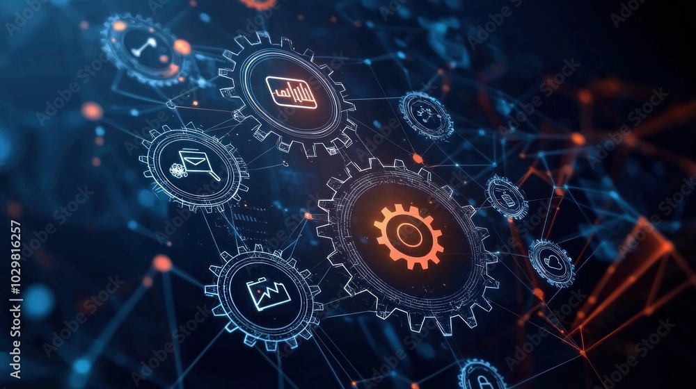 Poster a concept illustration showing gears turning with icons representing change and adaptability.