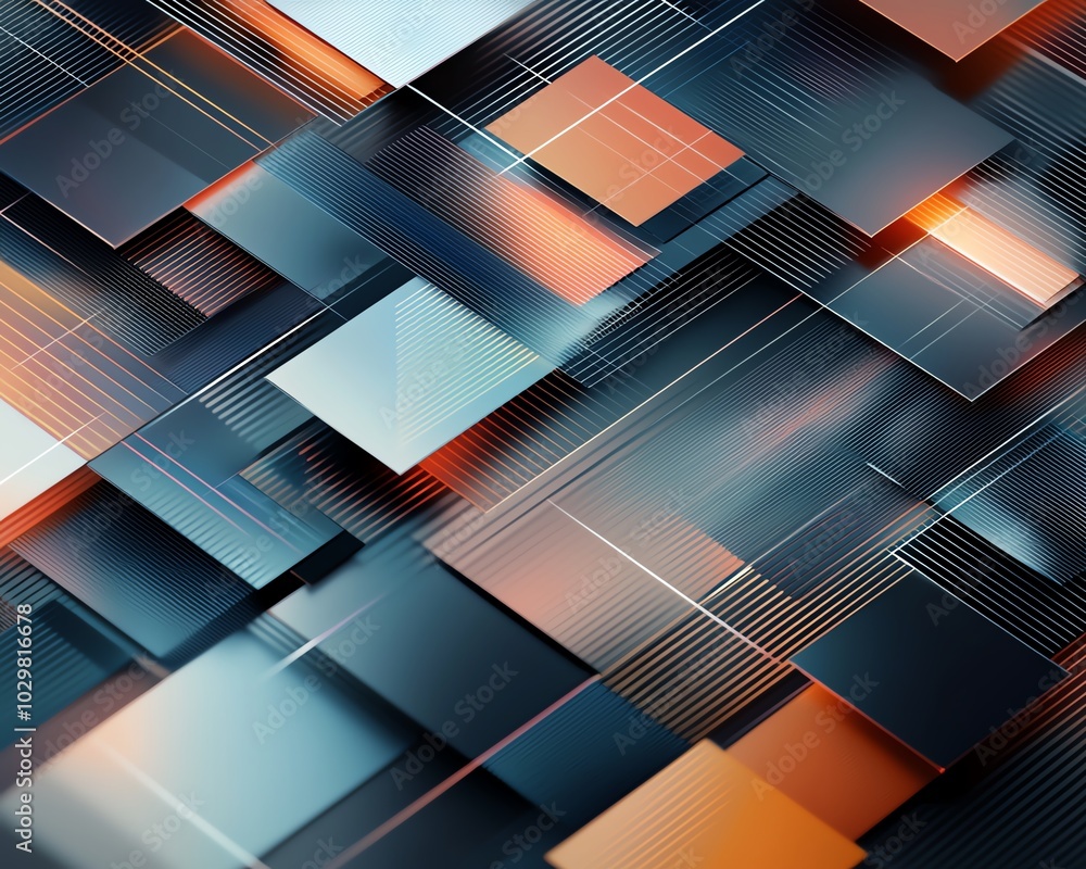 Poster abstract geometric pattern featuring layered squares in metallic tones of blue and copper, creating 
