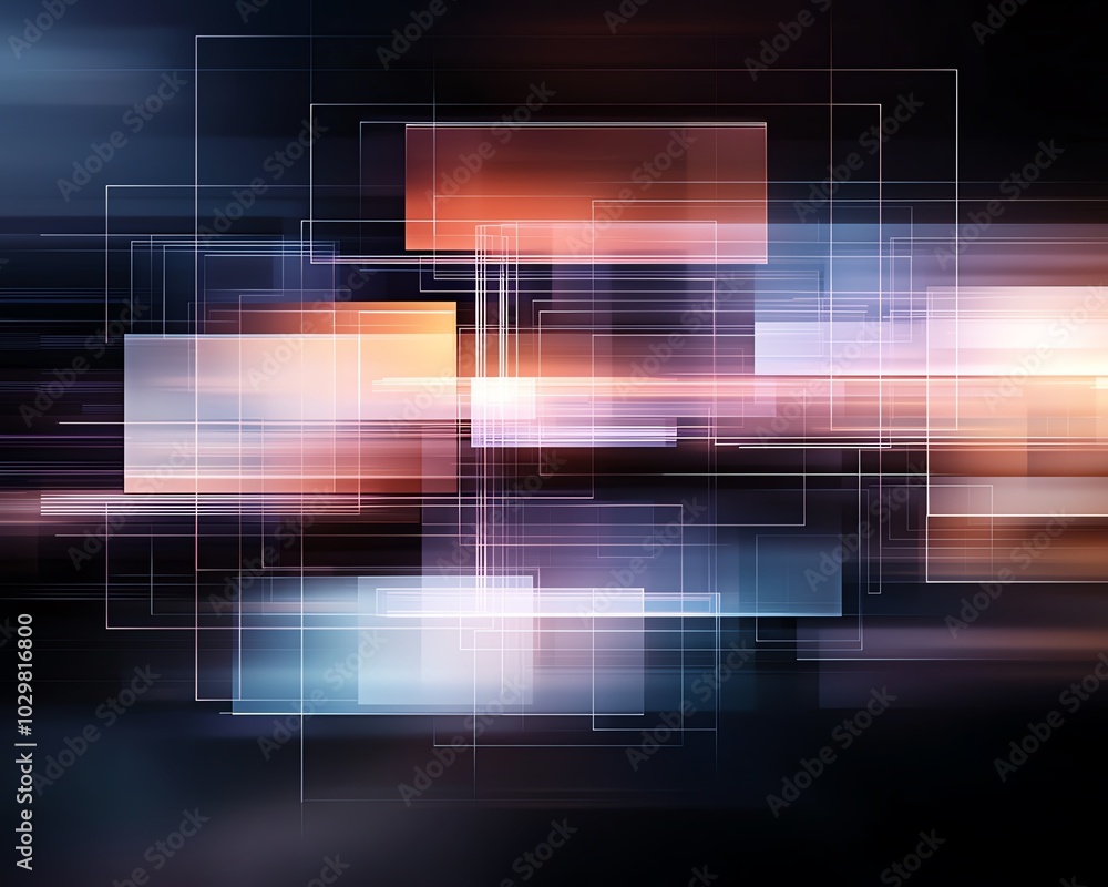 Poster dynamic abstract background with blurred lines and glowing rectangles, ideal for technology or moder