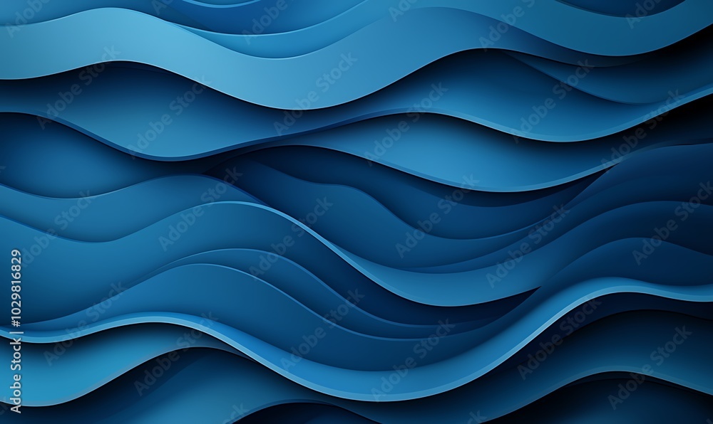 Poster an abstract illustration of flowing ocean waves in various shades of blue, creating a serene and cal