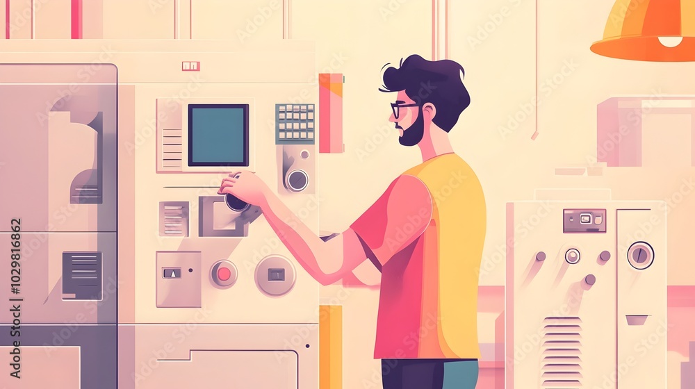 Poster flat character adjusting mechanical device in minimalist workspace