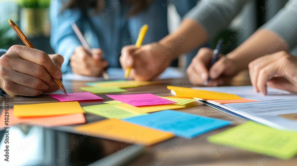 Poster a close-up of hands writing on sticky notes during a change management session.