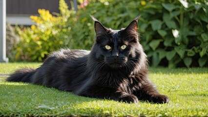 Black maine coon cat lying outside in the garden