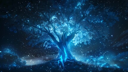 Science fiction blue glowing tree illustration poster background
