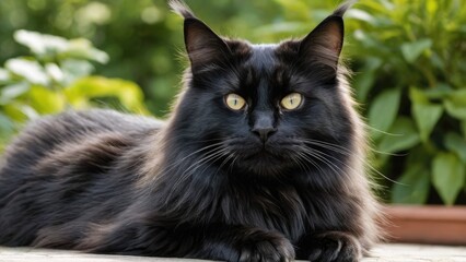 Black maine coon cat lying outside in the garden