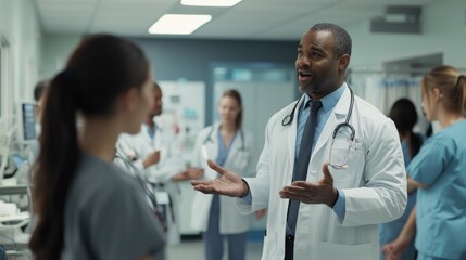 Fototapeta premium A healthcare leader presenting a change management plan to doctors and nurses in a hospital setting.