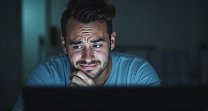 a confused man looking at a computer screen, expressing feelings of frustration and self-doubt